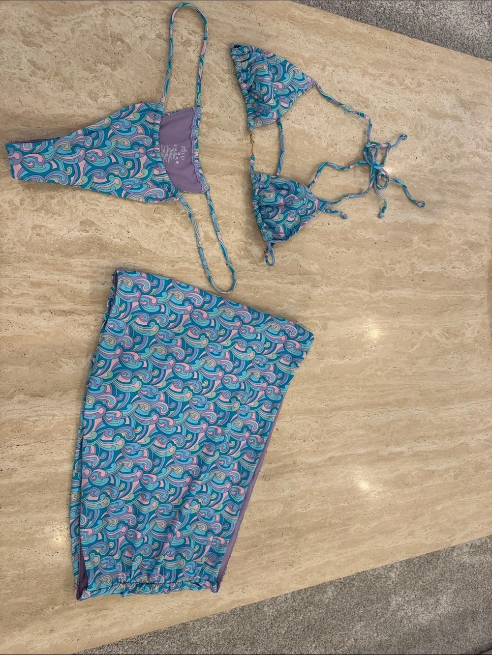 Light Blue Patterned Women's Bikini Top &  Thong bottoms. Cover up Skirt Set